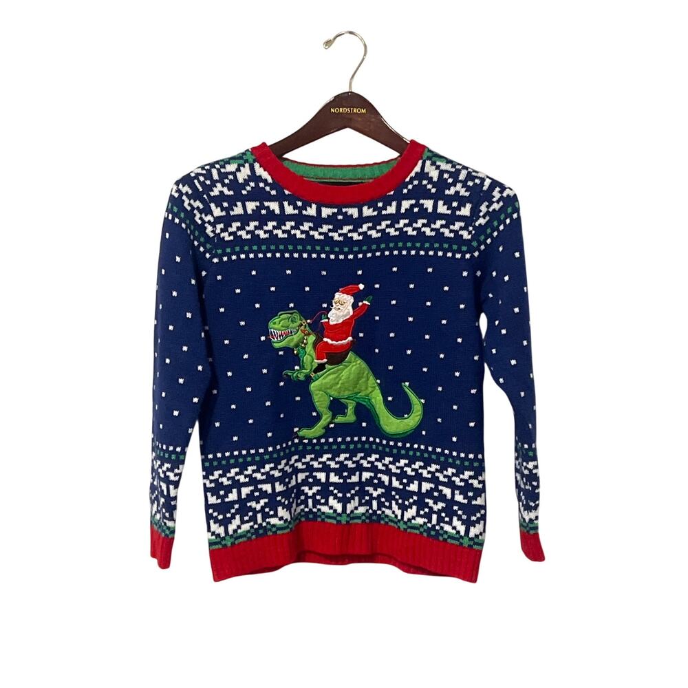 Blizzard Bay Kids Santa Dinosaur Ugly Christmas Sweater Jingle Bells M 1551AA